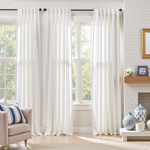 Image of Blackout White Velvet Curtains Neutral Back Tab 52x90 Inch 2 Panels | Soft, Light Filtering, For Bedroom & Living Room, Light Shifting Texture, Elegant Drape, Fresh Ambiance, Smooth Glide