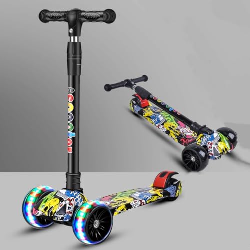 Kids Scooter for Age 2-8 Foldable & Height Adjustable Kids Scooter with Graffiti Bodywork Non-Slip Deck and Extra Wide PU Light-up Wheels Balance Training Scooter for Kids (Black)