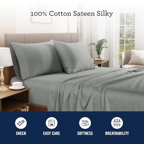 IZOD Full Sheet Set, 100% Cotton Sateen Silky, Sage, Deep Pocket, Soft, 4Pc by IZOD - Used condition - Image 3