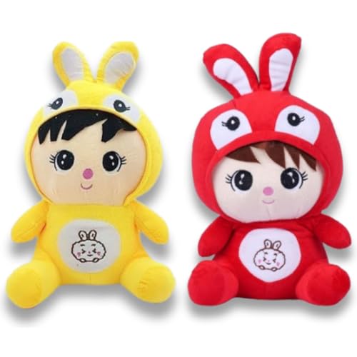 Image of Baby Boy Child Rabbit Doll Soft Toy Combo Gift Toys Pillow for Kids, Girls and Adults Cute Stuffed Animal Plush Yellow and Red Bunny Plushie (25cm) Pack of 2