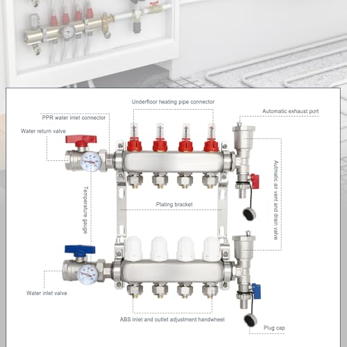 Image of Dollate 4 Loops Pex Manifold Radiant With 1 /2 inch Adapter Floor Heating Set Stainless Steel Heated Hydronic Heating