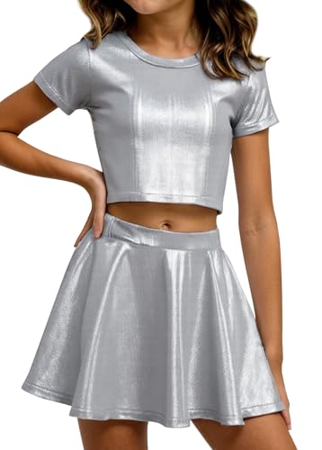 Image of Happy Cherry Kid Girl Shiny Skirt and Top Set 2 Piece Texture Ribbed Metallic Disco Rave Cheer Outfit 4-12T
