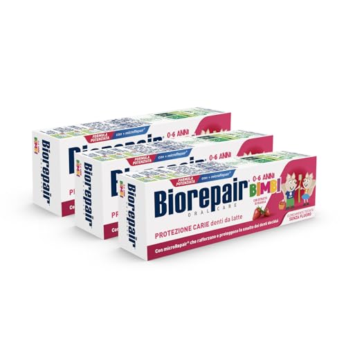 Biorepair, Pasta de dientes para niños de 0 a 6 años, 3 paquetes, Biorepair Pasta de dientes para niños sin flúor sabor a fresa anticaria, para encías saludables, 50 ml