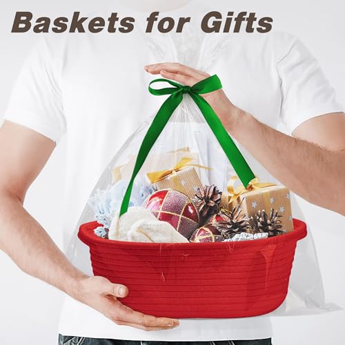 Image of Pro Goleem Small Woven Basket with Gift Bags and Ribbons Durable Baskets for Gifts Empty Small Rope Basket for Storage 12 inchX 8 inch X 5 inch Baby Toy Basket with Handles, Red