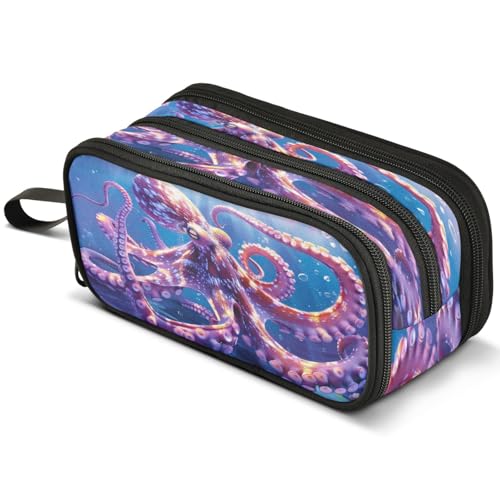Image of ALAZA Octopus Underwater Large Pencil Case, Pen Pouch Pencil Bag with 3 Compartments Pen Holder Organizer Stationery Bag