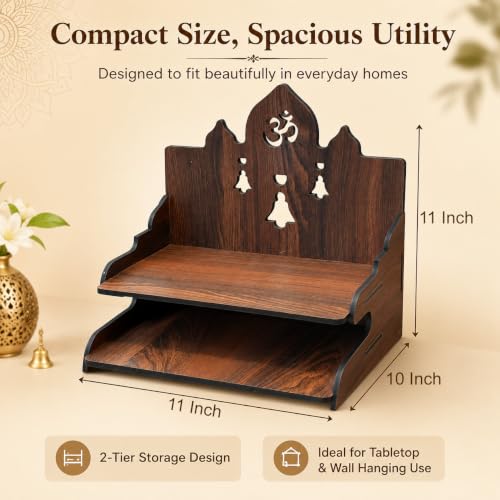 Image of The Castle Decor Wooden Mandir for Home, Wall Hanging & Tabletop Pooja Temple with 2-Tier Storage Shelf, Om & Bell Cutwork, MDF Mandir for Pooja Room, Office & Hostel, 11 x 11 x 10 Inch (Design-4)