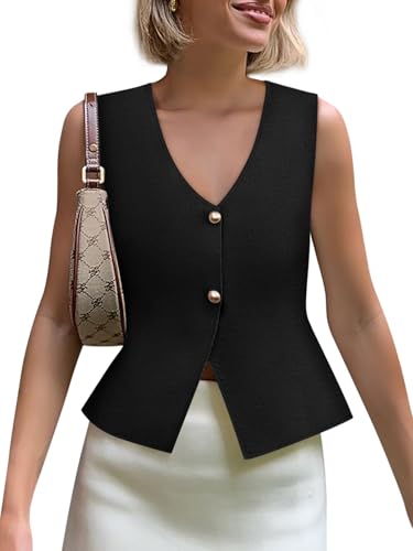 Women V Neck Sweater Vest Casual Button Up Knit Cropped Cardigan 2025 Trendy Sleeveless Tank Tops Black