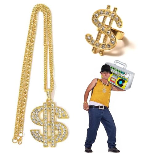 YAZWUR 2 piezas Cadena Chapado de Oro, Collar de Dólar con Colgante de Hip Hop, Cadena de Oro Hombre, Regalo de Cumpleaños para Hombres y Mujeres (Oro)