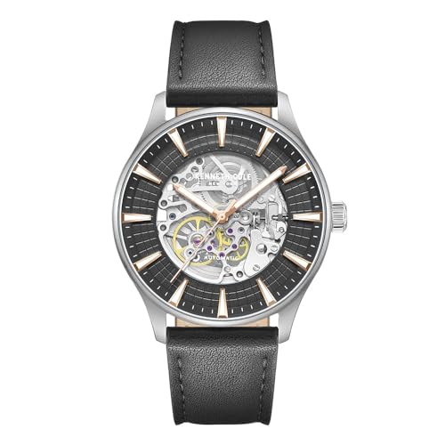Kenneth Cole New York Luxury Watch for Men, Automatic Movement, Water Resistant, Sophisticated & Sleek Design, Black - Black Leather Strap