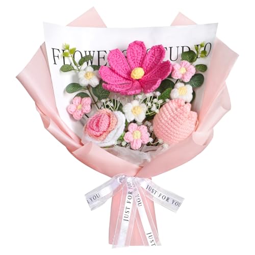MEIVINES Ramo de Flores de Ganchillo Terminado a Mano Flor Artificial de Tulipán Rosa de Ganchillo Hecho a Mano Flores Artificiales para el Día de la Madre, Graduación, Boda, Regalo (Rosa)
