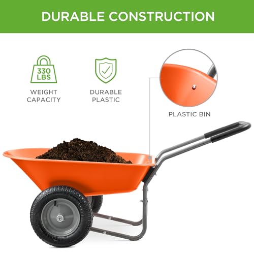 Image of Best Choice Products Dual-Wheel Home Utility Yard Wheelbarrow Garden Cart w /Built-in Stand for Lawn, Gardening, Construction - Orange