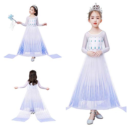 Bankids Snow Queen Act 2 Costumes Princess Dresses For Girls With Wig,Crown,Magic Wand,Gloves Accessories 6-7 Years(130,K11) #TOP2
