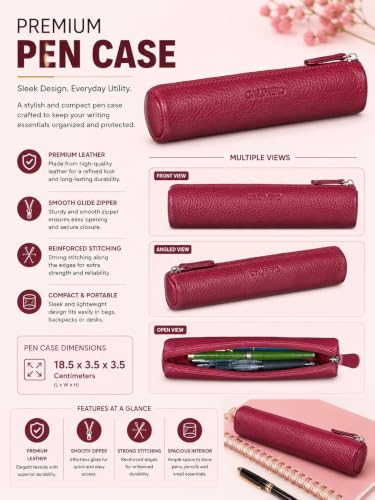 Image of Calfnero Genuine Leather Pen-Case for Men & Women | Premium Brodo Leather Pencil-Pouch with Zipper | Cylindrical Pen-Holder Organizer for Pen, Pencils & Stationery | Unisex Pen-Sleeve