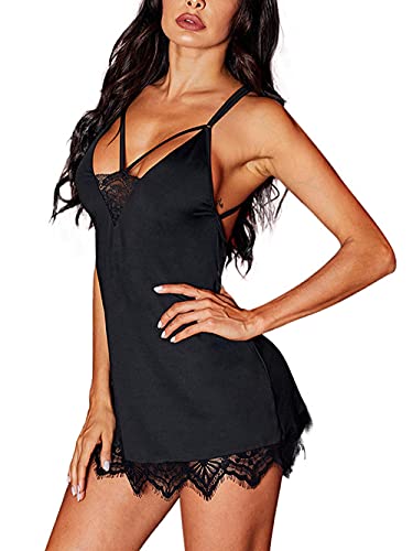 MYAOU Femme Robe de Nuit à Bretelles Fines Ultra Court Décolleté Chemise de Nuit avec Sangle Coisée Dos Nu Chemisette Noir sans Manche à Bretelles Fines Nuisette Sleepwear S-L Cover