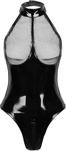 Women Lingerie PU Leather Mesh Bra Wetlook Halter Clubwear Teddy Bodysuit image 3