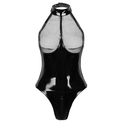 Gain Love Sexy Women's Plus Size Lingerie PVC Leather Mesh Bra Wetlook Halter Neck One Piece Clubwear Teddy Bodysuit (XX-Large) Black