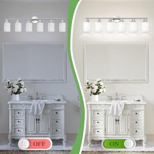 Image of 6-Light Brushed Nickel Vanity Lights for Mirror, Bathroom Light Fixtures with Textured Milky White Glass Shade, Modern Kitchen Light Fixtures Wall Sconce Light - E26 Base