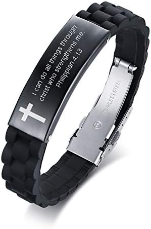 MEALGUET Stainless Steel I can do All Things Through Christ who Strengthens me Philippian 4:13 Inspirational ID Bracelet Cross Wristband