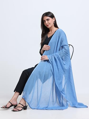 Image of Miraan Solid Pure Cotton Dupatta with Pom Pom Border, 2.25 meters length (DUPCOTTON)