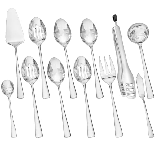 KINGSTONE 12 Piece Serving Utensils Set, 18/10 Stainless Steel Serving Utensils, Slotted Spoon, Fork, Tong, Soup Ladle, Cake Server, Butter Knife and Sugar Spoon for Buffet, Parties, Kitchen