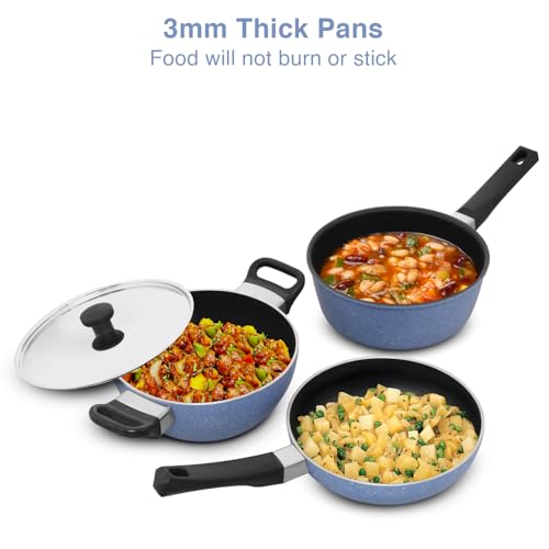Image of Hawkins Quik Nonstick Induction 4 Piece Cookware Set of Deep Kadhai, Frying Pan, Saucepan and Stainless Steel Lid | Kitchen Gift Pack | Grey (IQGP1)
