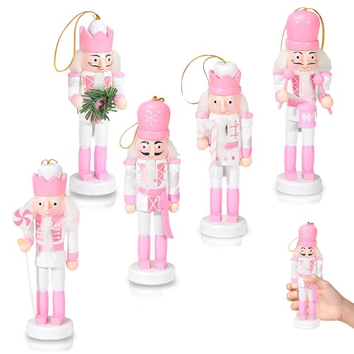 Cascanueces de madera rosa soldado para Navidad, 5 piezas de 12,5 cm, adorno de figura de madera, decoración de mesa de árbol de Navidad, pequeño cascanueces soldado, títere, colgante para árbol