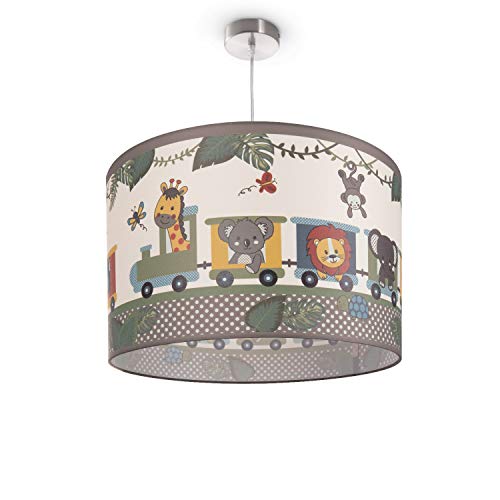 Preisvergleich Produktbild Kinderlampe Deckenlampe LED Pendelleuchte Kinderzimmer Lampe Zug Tieren, E27, Lampenschirm: Grün (Ø45.5 cm), Lampentyp: Pendelleuchte Silber