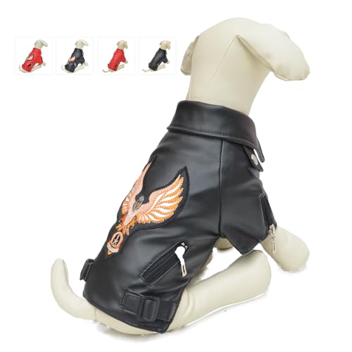 Lovelonglong Chaqueta de cuero para perro, abrigos cálidos para perros, resistentes al viento, para clima frío, para perros grandes, medianos y pequeños, con bordado de águila, negro, talla L