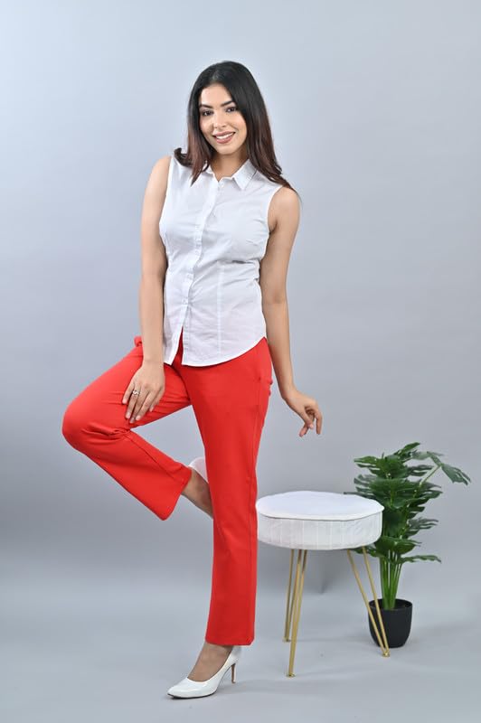 Image of Mlada Straight Fit Cigarette Pencil Pants Elastic Waist Band Mid High Waist Formal Office Trousers for Women, Pockets for Travel Stretch Cotton Knit Full Length Regular /Plus Size
