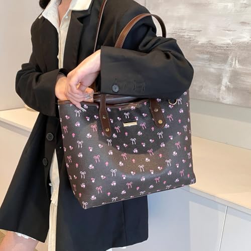 Image of hibear Cherry Print Tote Bag for Women Bow Shoulder Handbag Trendy Faux Leather Top-Handle Bag with Cherry Accessories