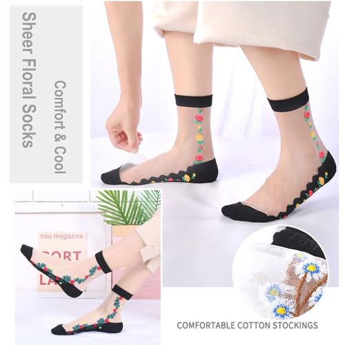 Image of DXYAKY 5 Pairs Sheer Floral Socks for Women, Lightweight Mesh Ankle Lace Socks, Breathable Summer Cute Transparent Stockings