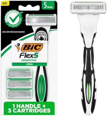 BIC Flex 5 Sensitive Men's Refillable 5-Blade Razors, Comfortable Shave, 1 Handle and 3 Cartridges