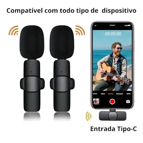Microfones de Lapela Sem Fio Kit 02 Microfones USB-C Compativel Todos Dispositivos IOS e Android Cel