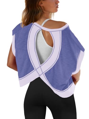 Image of SENSERISE Womens Open Back Workout Tops Backless Short Sleeve Athletic Shirt Running Crop Top Gym Yoga Tee