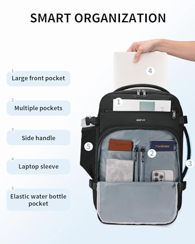 ECOHUB Travel Backpack for Men, 30L Carry on Luggage Backpack, Flight Approved Bag 15.6" Laptop Backpack, Water Resistant Personal Item Travel Bag Airplane with 14 Pockets, Black image 6