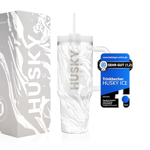 HUSKY ICE Taza térmica con pajita y asa [24 horas de frío] 1,2 litros, vaso con tapa y pajita, taza de café Quencher – Termo y termo (estampado gris)