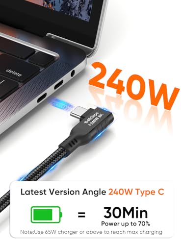 Image of Angle USB 4 Cable,USB C to C for SSD,MacBook Pro, iPhone17,Dock,Auto 1.0ft | for Thunderbolt 5 4, 40Gbps Data Sync, 8K /5K@60Hz Video Stream, 240W PD 3.1 Fast Charging, 90 Degree,Anti Tear Braided