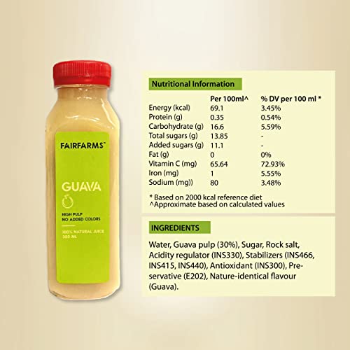 Image of Fairfarm Guava Juice | No Added Colour, 0% Concentrate | Enriched with pulp |Rich in Vitamin inchC inch & Fibre| Improve Digestion,FarmFresh (Pack of 12 X 300ml)