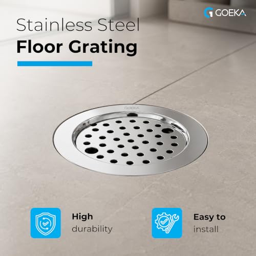 Image of GOEKA Floor Drain Jali 5 Inch | 304 Grade Stainless Steel Bathroom Grating with Chrome Finish | Open Area Kitchen Sink & Wash Basin Waste Water Drainer with Cockroach Trap - Pack of 2