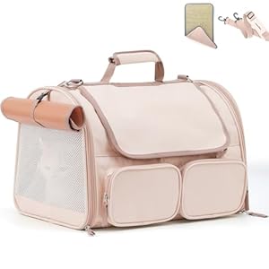 FUKUMARU Cat Carrier, 4 Mesh Windows Small Dog Carrier, 4 Storage Pockets Cat Travel Bag, Under 15 lb Airline Approved Pet Carrier, Rollable Cover for Nervous Cats, Pink