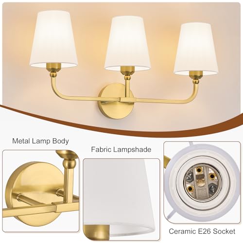 Image of Bathroom Vanity Light, Brushed Gold Bathroom Lighting Fixtures Over Mirror | 3-Light Bathroom Light Fixtures with Flared White Fabric Shade, E26 Socket (ETL Listed)