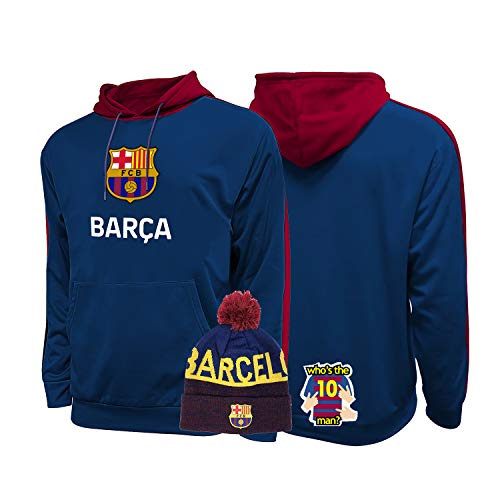 Barcelona Hoodies Messi Pullover for Mens Jacket 2020 2020-21 New Season Official Licensed and Bracelet (XL, Barcelona Hoodie Blue and Beanie 1)