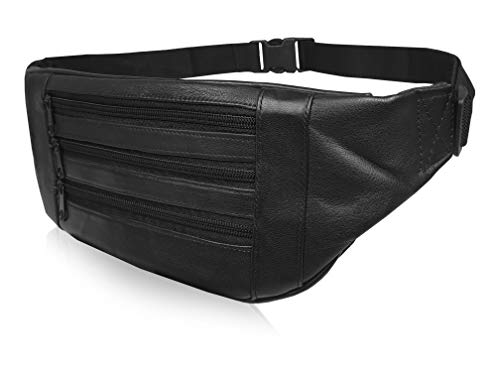 Roamlite - Bumbags planos de piel real, 4 bolsillos con cremallera, cintura delgada para festivales, vacaciones y viajes, se puede llevar debajo de la ropa, extensor XL XXL disponible, Negro (Negro) - RL252K2
