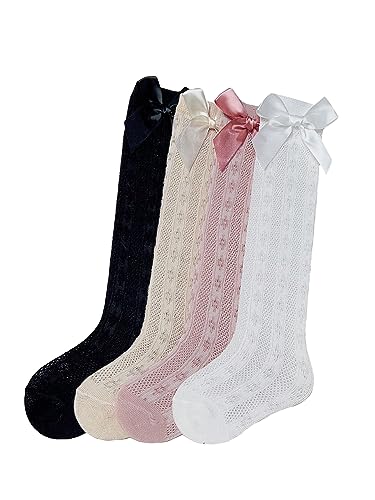 OYOANGLE Girl's 4 Pairs Cute Ruffle Knee High Socks Bow Front Over the Calf Socks Black Multi 2Y