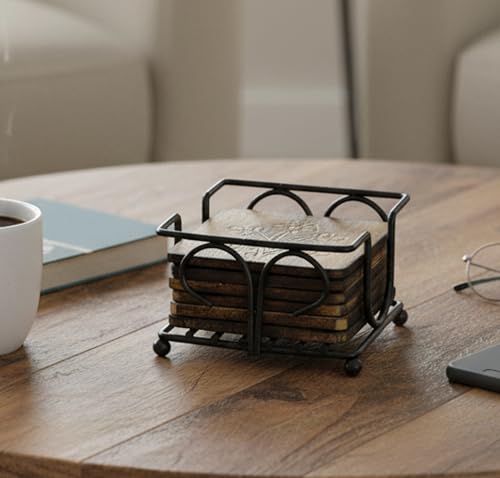 Image of StonKraft Wooden Tea Coffee Coasters /Rustic Vintage Look Coasters Set with Wrought Iron Holder