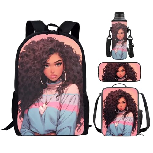TSOVTHRID Juego de 4 mochilas escolares para niña africana, bolsa de almuerzo, funda para taza de agua, estuche para bolígrafos, African Girl - 2
