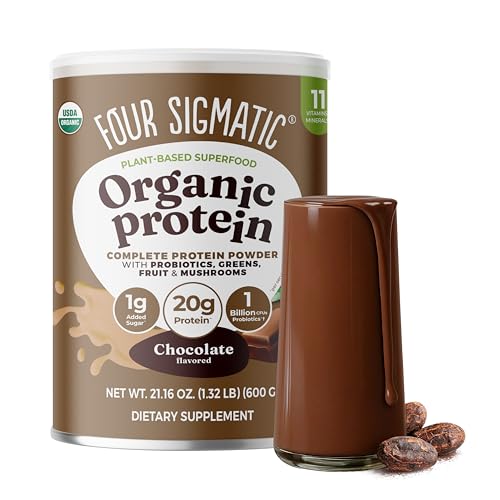 Four Sigmatic Organic Plant-Based Protein Powder | Clean Vegan Protein Elevated with Lions Mane Chaga Cordyceps and More for Brain Function and Immune Support | Creamy Cacao 21.16 oz