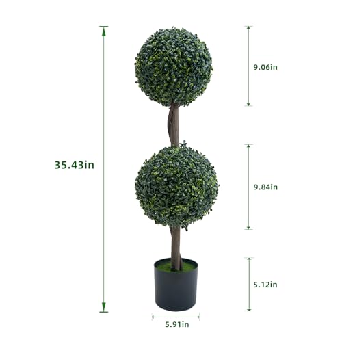 Artificial Topiary Ball Trees 35 Inch, Fake Greenery Milan Grass Ball Tree for Front Porch, Indoor Walkway, Entryway, Set of 2