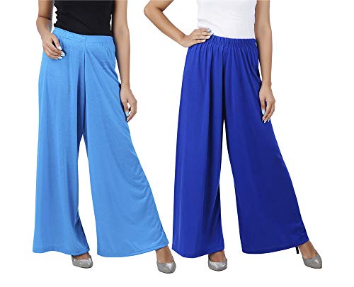 Image of Buy That Trendz M to 4XL Cotton Viscose Loose Fit Flared Wide Leg Palazzo Cotton for Pants Women Turquoise Royal Blue Combo Pack of 2 XXX-Large