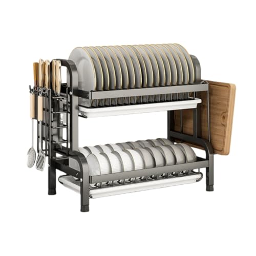 GEGEBOMTXO 水切りラック 食器水切り 2段/3段 ッチンドレンラック 水切りかご キッチン収納ラック 食器水切り器 台所用品ホルダ 大容量 省スペース 組み立て簡単 箸立て 包丁スタンド まな板立て 水受けトレー付き (ブラック,2層(42*23